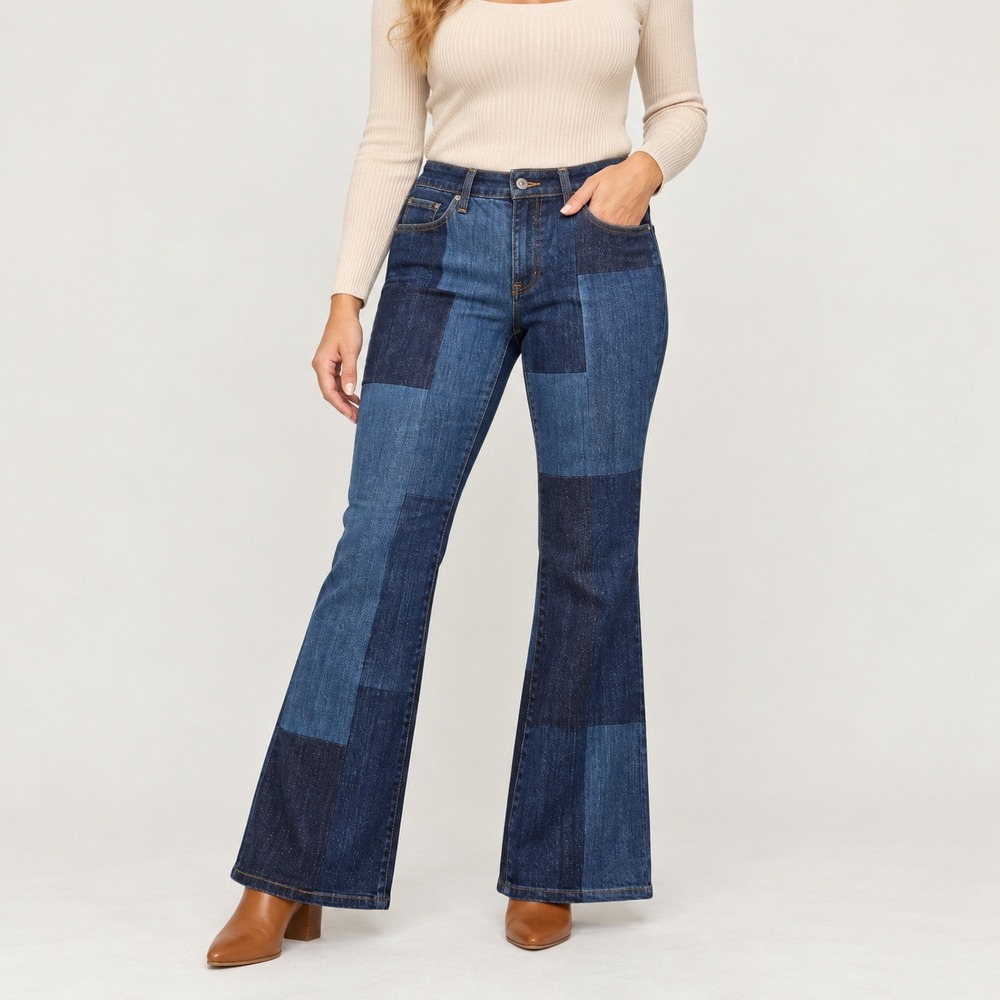 Chico's So Slimming Laser Patch Girlfriend Flare Jeans 0R Women 4 Patchwork Boho